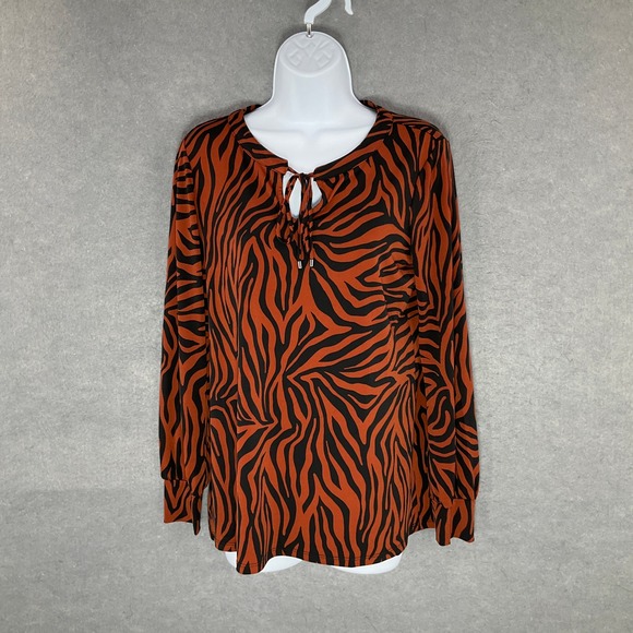 Susan Graver Animal Print Blouse Long Sleeve Tie Neck Top Rust Black Sz S - Picture 1 of 10